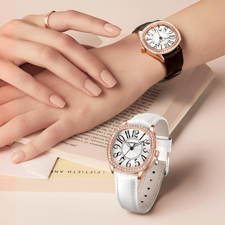 Mark Fairwhale 3440 ORIKA women’s irregular-dial watch in white and black leather strap with rose-gold bezel and bold black numerals, a statement of artistic elegance