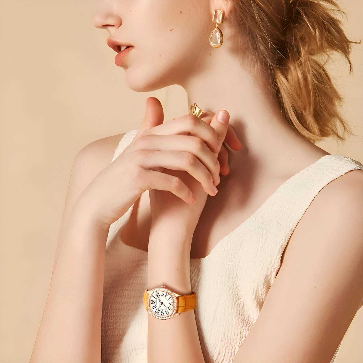 Mark Fairwhale 3440 ORIKA women’s irregular-dial watch in yellow leather strap with rose-gold bezel and bold black numerals, a statement of artistic elegance