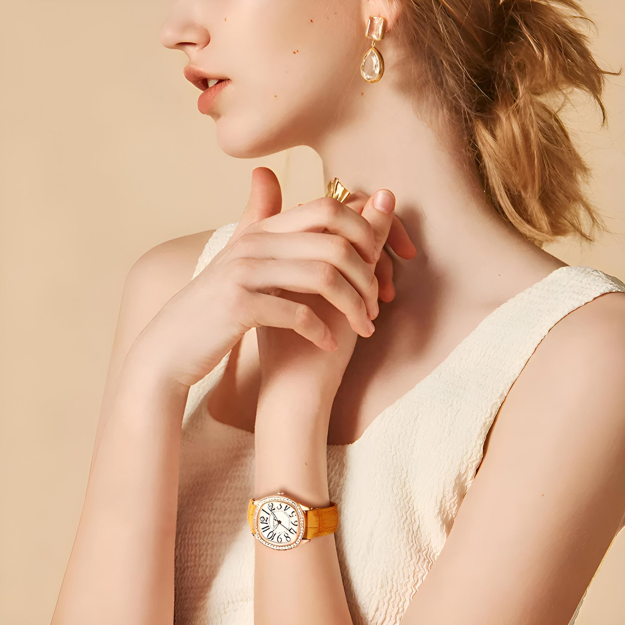 Mark Fairwhale 3440 ORIKA women’s irregular-dial watch in yellow leather strap with rose-gold bezel and bold black numerals, a statement of artistic elegance