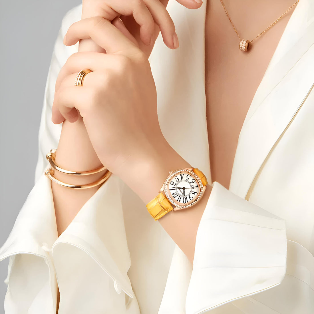 Mark Fairwhale 3440 ORIKA women’s irregular-dial watch in yellow leather strap with rose-gold bezel and bold black numerals, a statement of artistic elegance