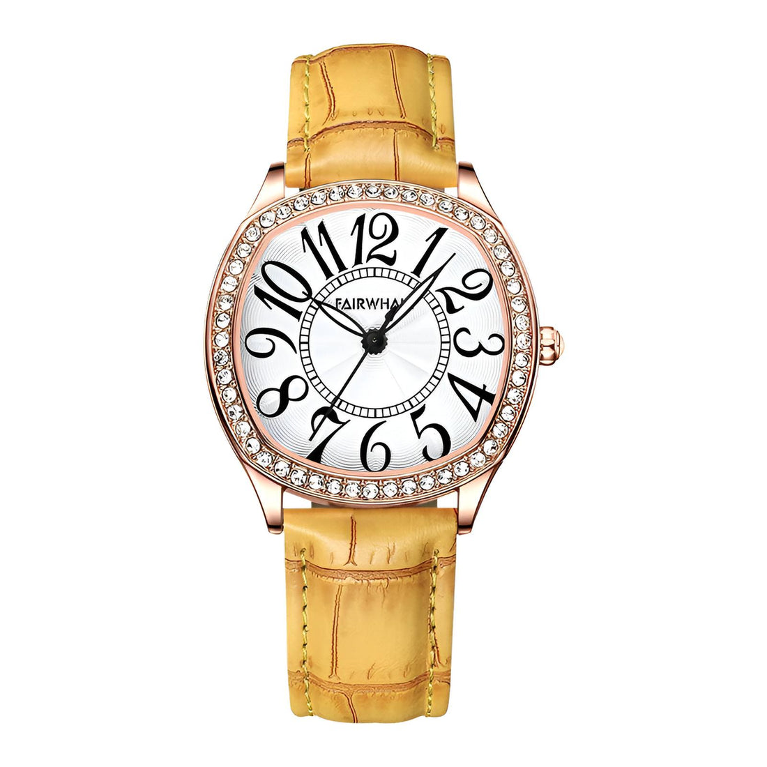 Mark Fairwhale 3440 ORIKA women’s irregular-dial watch in yellow leather strap with rose-gold bezel and bold black numerals, a statement of artistic elegance
