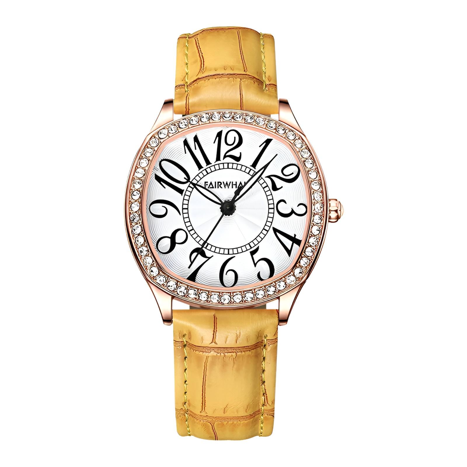 Mark Fairwhale 3440 ORIKA women’s irregular-dial watch in yellow leather strap with rose-gold bezel and bold black numerals, a statement of artistic elegance