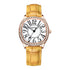 Mark Fairwhale 3440 ORIKA women’s irregular-dial watch in yellow leather strap with rose-gold bezel and bold black numerals, a statement of artistic elegance