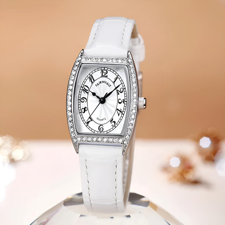 Mark Fairwhale 3450 DIAVANA showcasing white leather strap texture, polished buckle, and threaded crown for smooth and elegant control