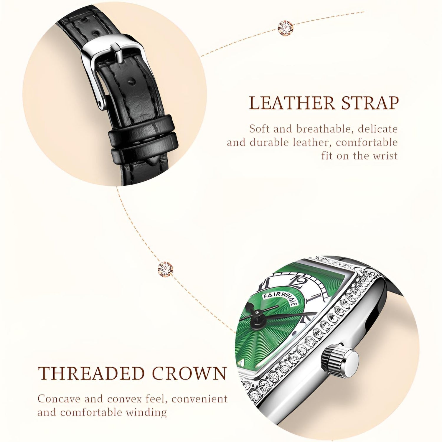 Mark Fairwhale 3450 DIAVANA showcasing black leather strap texture, polished buckle, and threaded crown for smooth and elegant control