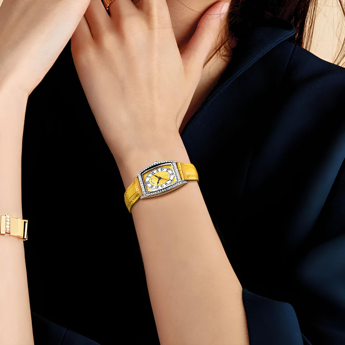 Mark Fairwhale 3450 DIAVANA showcasing yellow leather strap texture, polished buckle, and threaded crown for smooth and elegant control