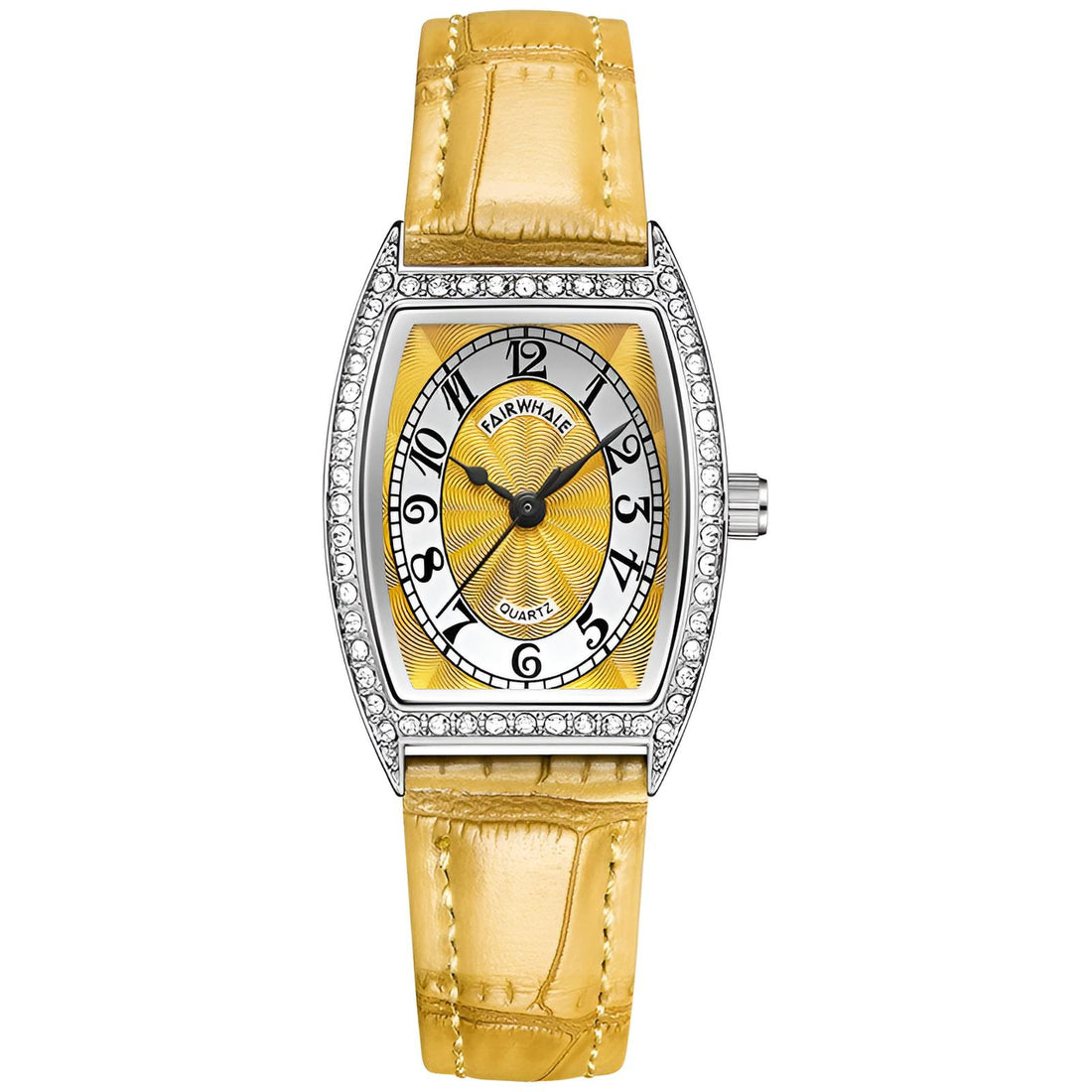 Mark Fairwhale 3450 DIAVANA showcasing yellow leather strap texture, polished buckle, and threaded crown for smooth and elegant control