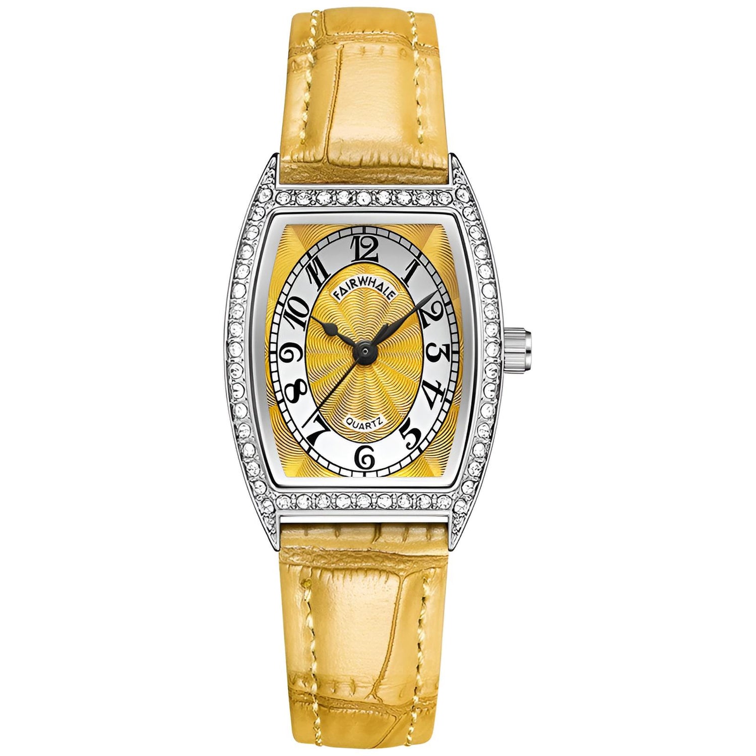 Mark Fairwhale 3450 DIAVANA showcasing yellow leather strap texture, polished buckle, and threaded crown for smooth and elegant control
