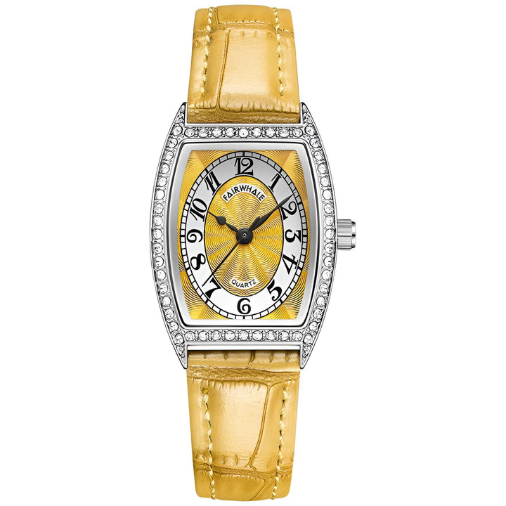 Mark Fairwhale 3450 DIAVANA showcasing yellow leather strap texture, polished buckle, and threaded crown for smooth and elegant control
