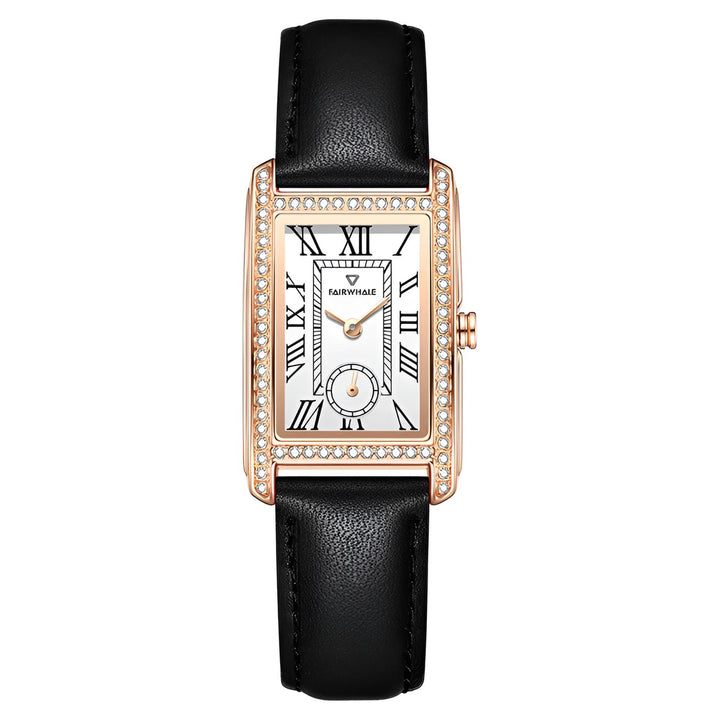 Mark Fairwhale 3455 TONELLE showing polished rose-gold bezel with crystal accents and Hardlex glass for luxurious precision
