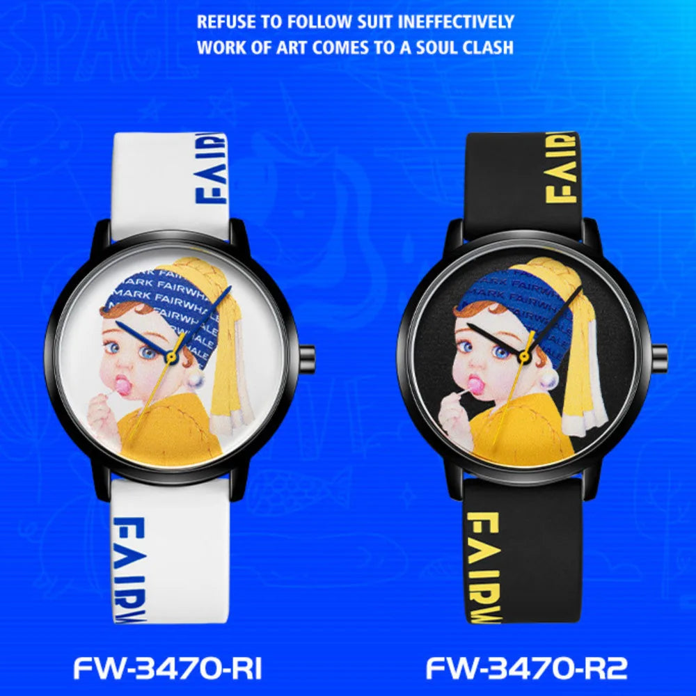 Mark Fairwhale 3470 ANIMORA watch featuring vivid manga character art and rounded Hardlex crystal surface under blue graphic background