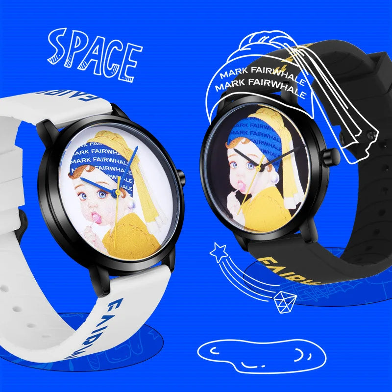 Mark Fairwhale 3470 ANIMORA watch featuring vivid manga character art and rounded Hardlex crystal surface under blue graphic background