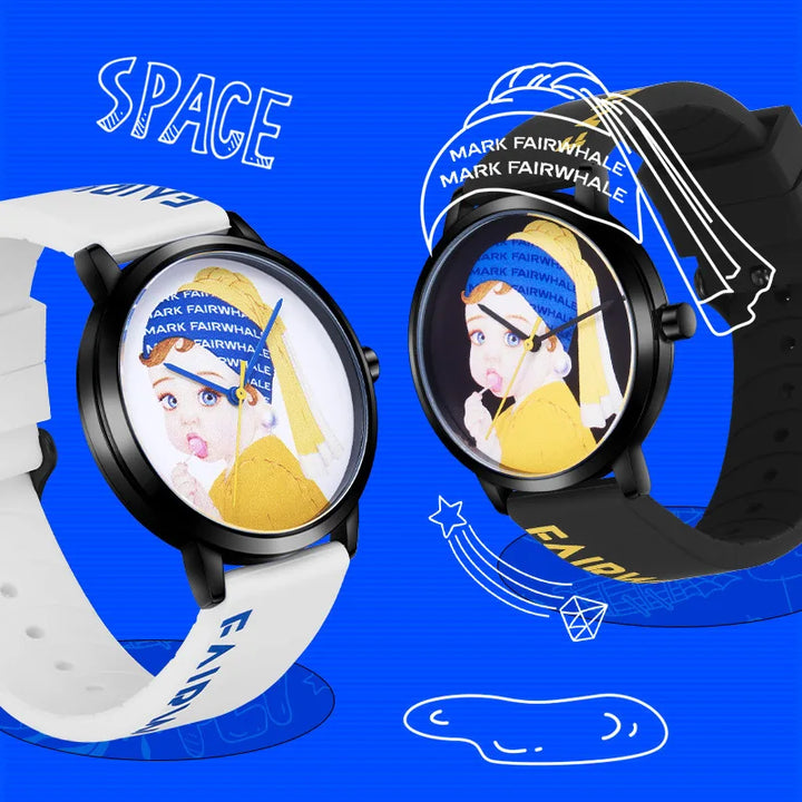 Mark Fairwhale 3470 ANIMORA watch featuring vivid manga character art and rounded Hardlex crystal surface under blue graphic background
