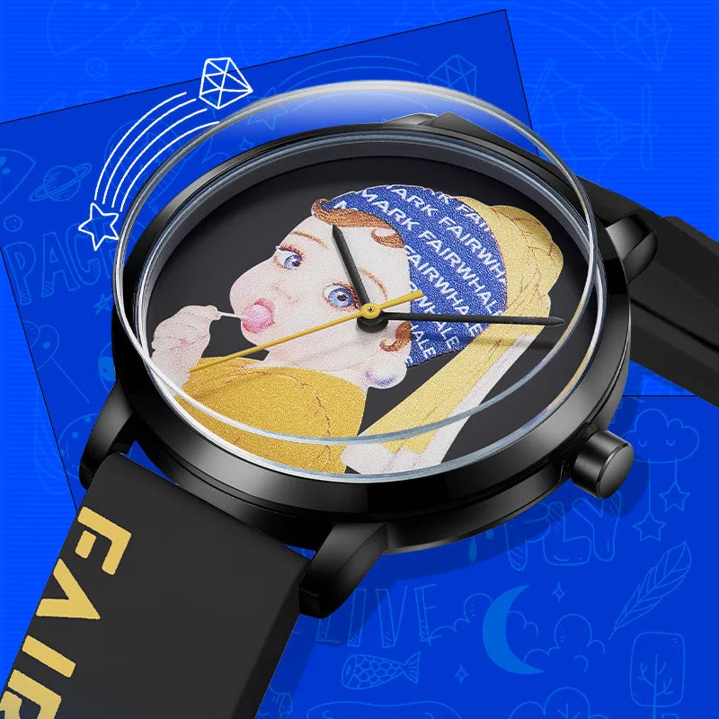 Mark Fairwhale 3470 ANIMORA watch featuring vivid manga character art and rounded Hardlex crystal surface under blue graphic background