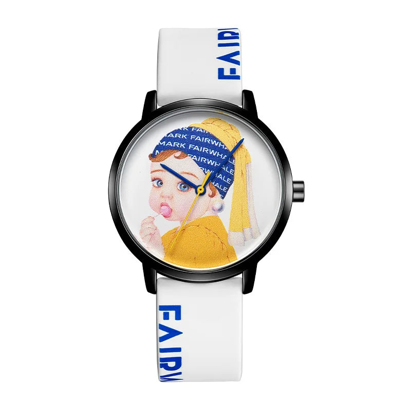 Mark Fairwhale 3470 ANIMORA watch featuring vivid manga character art and rounded Hardlex crystal surface under blue graphic background