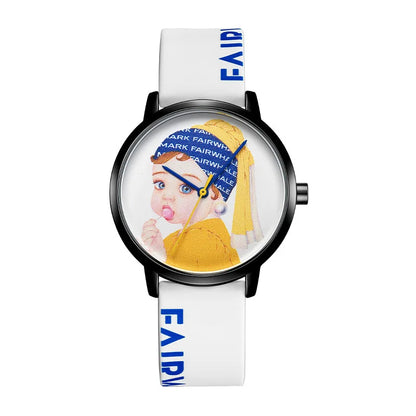 Mark Fairwhale 3470 ANIMORA watch featuring vivid manga character art and rounded Hardlex crystal surface under blue graphic background