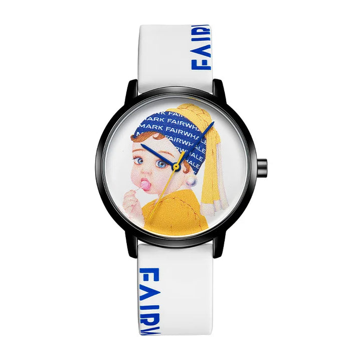 Mark Fairwhale 3470 ANIMORA watch featuring vivid manga character art and rounded Hardlex crystal surface under blue graphic background