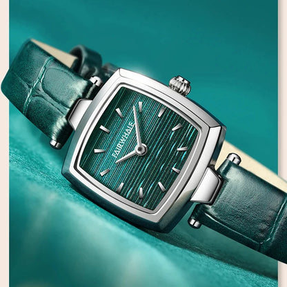 Mark Fairwhale 3480 SILENA women’s square watch in rose gold case with green leather strap and minimalist numberless dial for a luxury modern look