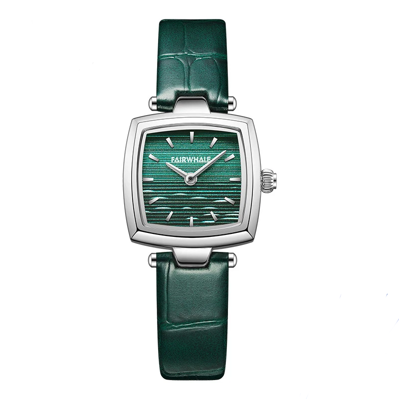 Mark Fairwhale 3480 SILENA women’s square watch in rose gold case with green leather strap and minimalist numberless dial for a luxury modern look