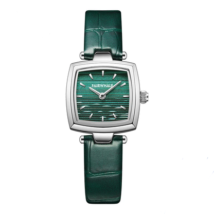 Mark Fairwhale 3480 SILENA women’s square watch in rose gold case with green leather strap and minimalist numberless dial for a luxury modern look
