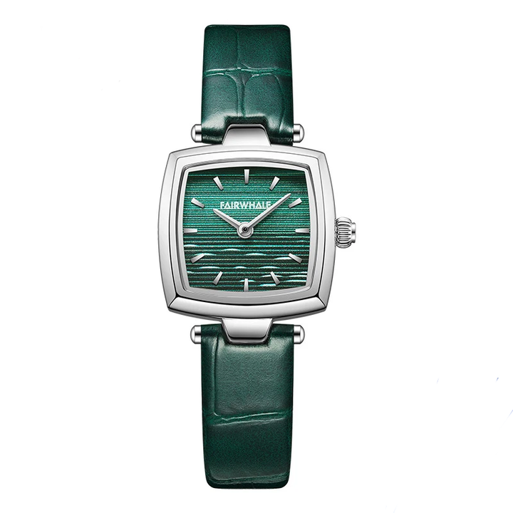 Mark Fairwhale 3480 SILENA women’s square watch in rose gold case with green leather strap and minimalist numberless dial for a luxury modern look