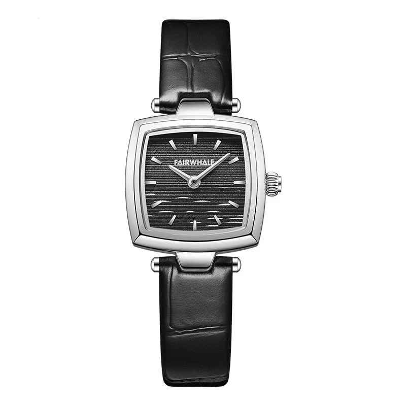 Mark Fairwhale 3480 SILENA women’s square watch in rose gold case with black leather strap and minimalist numberless dial for a luxury modern look