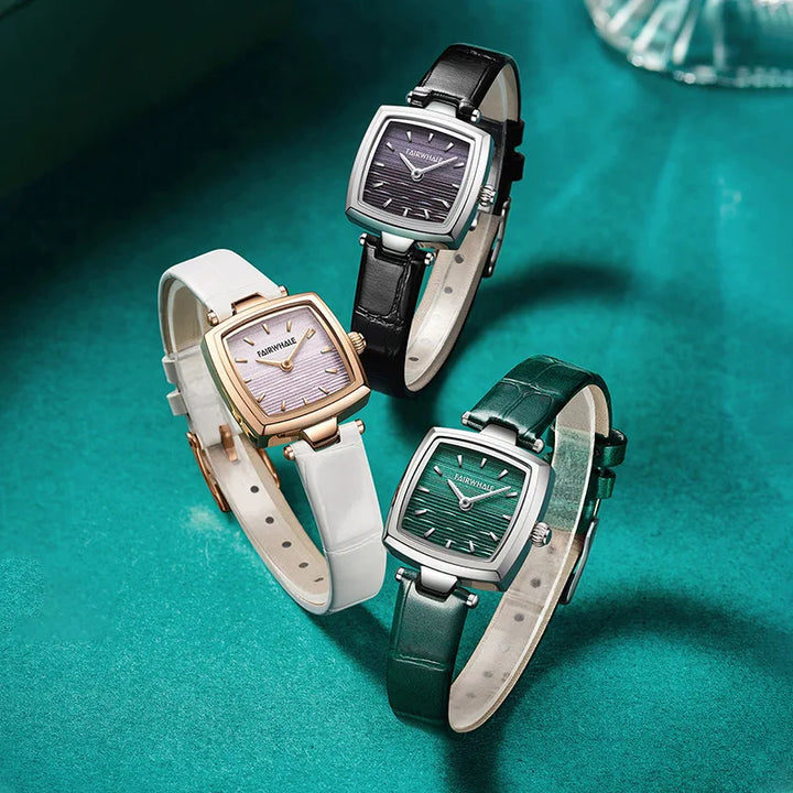 Mark Fairwhale 3480 SILENA women’s square watch in rose gold case with white - green - black leather strap and minimalist numberless dial for a luxury modern look