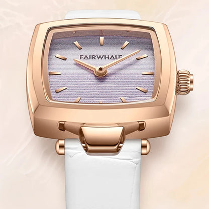 Mark Fairwhale 3480 SILENA women’s square watch in rose gold case with white leather strap and minimalist numberless dial for a luxury modern look