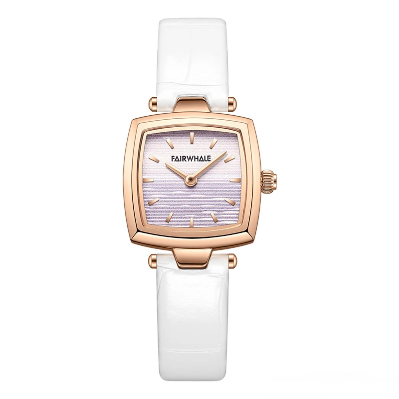 Mark Fairwhale 3480 SILENA women’s square watch in rose gold case with white leather strap and minimalist numberless dial for a luxury modern look