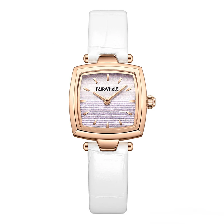Mark Fairwhale 3480 SILENA women’s square watch in rose gold case with white leather strap and minimalist numberless dial for a luxury modern look