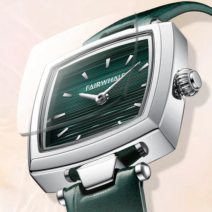 Mark Fairwhale 3480 SILENA women’s square watch in rose gold case with green leather strap and minimalist numberless dial for a luxury modern look