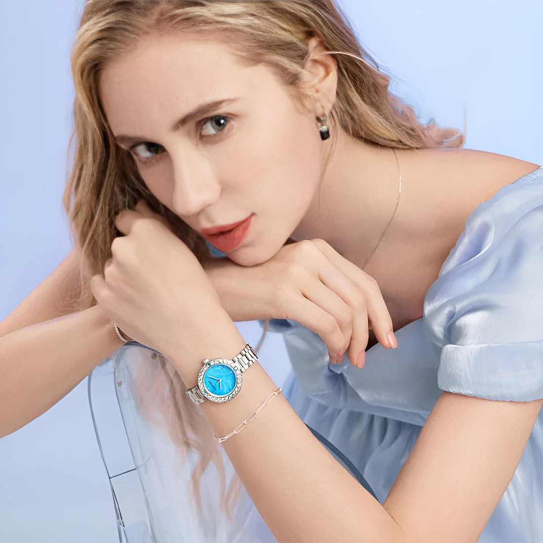 Mark Fairwhale 3500 LUMÉRA women’s watch with blue diamond-accented dial and silver bezel, showcasing minimalist elegance and crystal brilliance