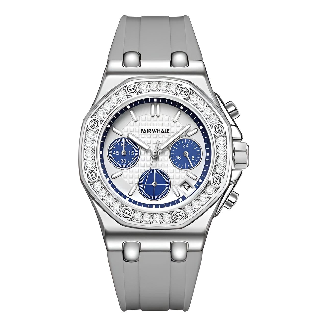 Mark Fairwhale 3590 VIVENA women’s retro watch with gray silicone strap and blue chronograph dial on sand, showcasing elegant design and sparkling bezel