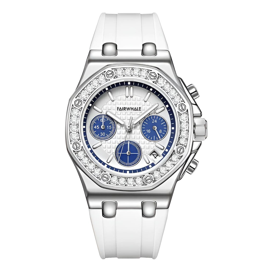 Mark Fairwhale 3590 VIVENA women’s retro watch with white silicone strap and blue chronograph dial on sand, showcasing elegant design and sparkling bezel
