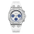 Mark Fairwhale 3590 VIVENA women’s retro watch with white silicone strap and blue chronograph dial on sand, showcasing elegant design and sparkling bezel
