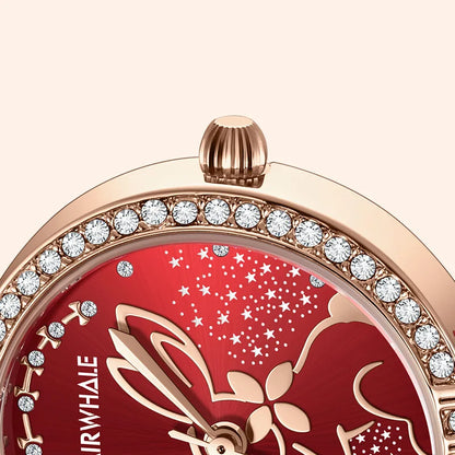 Mark Fairwhale 3600 BLOOMI women’s watch in rose gold with crystal-set bezel and red rabbit motif dial, showcasing fine craftsmanship