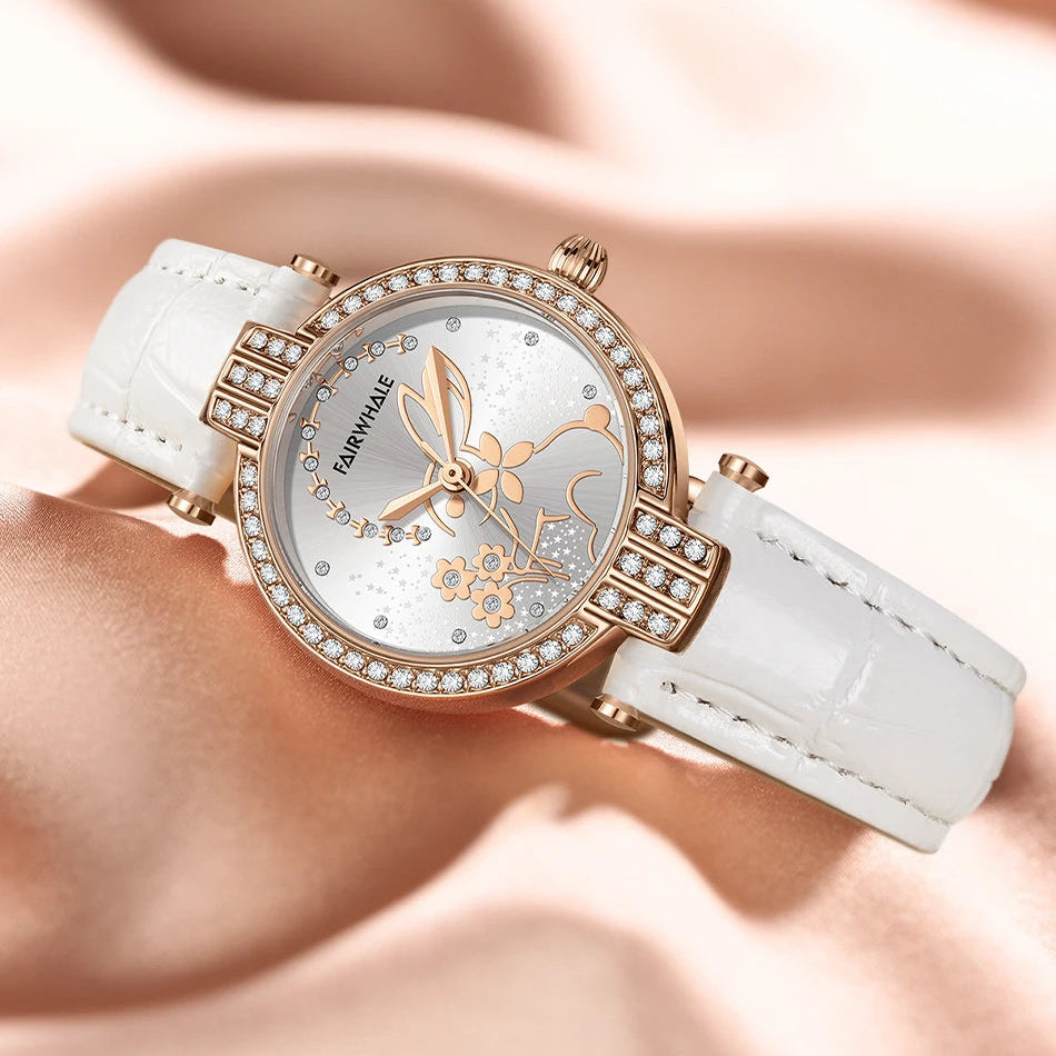 Mark Fairwhale 3600 BLOOMI women’s watch in rose gold with crystal-set bezel and white rabbit motif dial, showcasing fine craftsmanship
