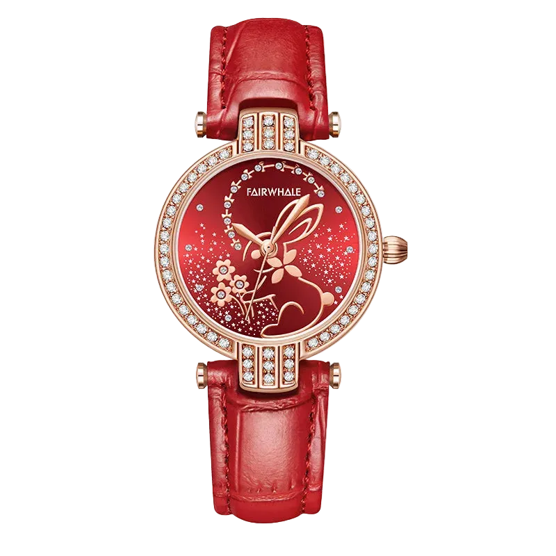 Mark Fairwhale 3600 BLOOMI women’s watch in rose gold with crystal-set bezel and red rabbit motif dial, showcasing fine craftsmanship