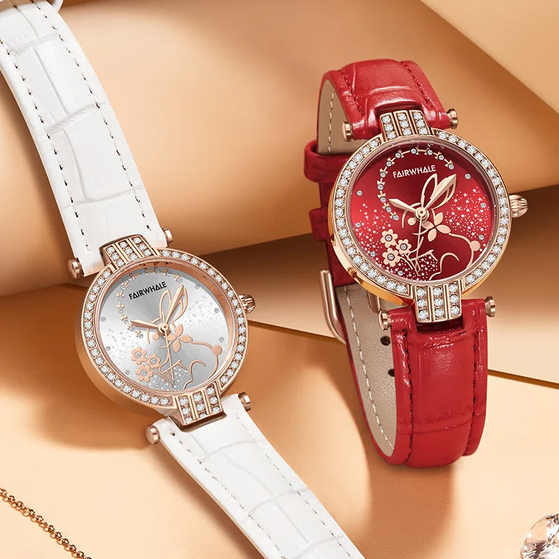 Mark Fairwhale 3600 BLOOMI women’s watch in rose gold with crystal-set bezel and red and white rabbit motif dial, showcasing fine craftsmanship