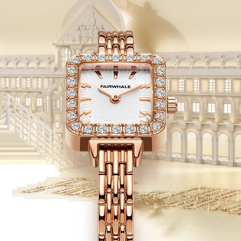 Mark Fairwhale 3650 LUNOR women’s quartz watch showing diamond bezel, sunburst dial, and rose gold markers