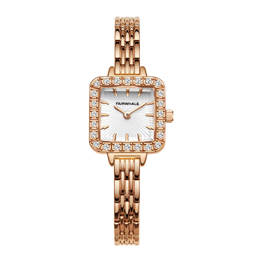 Mark Fairwhale 3650 LUNOR women’s quartz watch showing diamond bezel, sunburst dial, and rose gold markers
