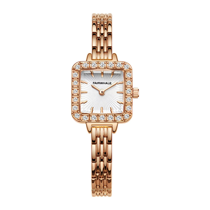 Mark Fairwhale 3650 LUNOR women’s quartz watch showing diamond bezel, sunburst dial, and rose gold markers