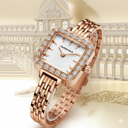 Mark Fairwhale 3650 LUNOR women’s quartz watch showing diamond bezel, sunburst dial, and rose gold markers