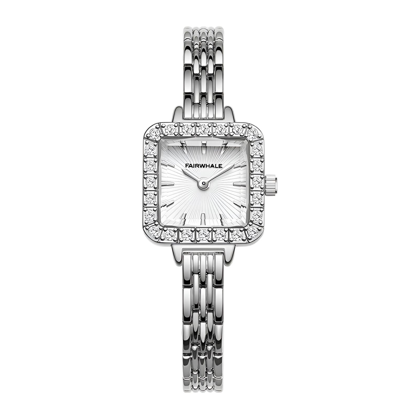 Mark Fairwhale 3650 LUNOR women’s quartz watch showing diamond bezel, sunburst dial, and steel markers