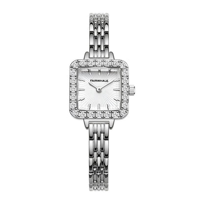 Mark Fairwhale 3650 LUNOR women’s quartz watch showing diamond bezel, sunburst dial, and steel markers