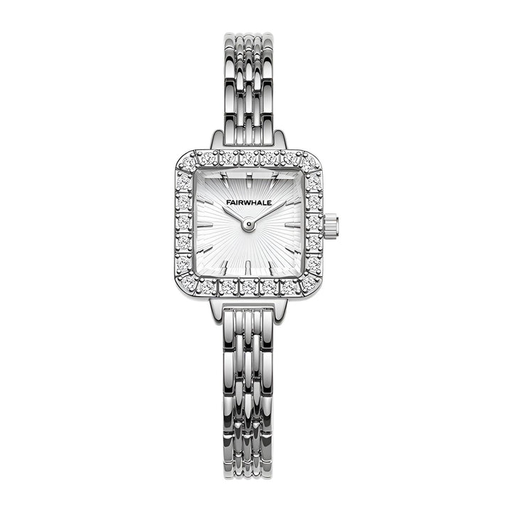 Mark Fairwhale 3650 LUNOR women’s quartz watch showing diamond bezel, sunburst dial, and steel markers