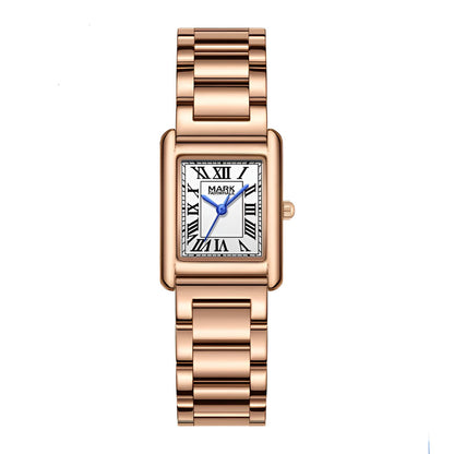 Mark Fairwhale 3680 RECTA women’s rectangular luxury watch with Roman numeral dial and polished stainless bracelet