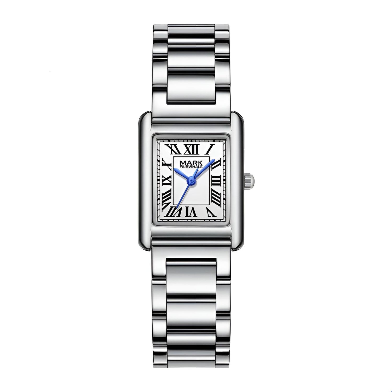 Mark Fairwhale 3680 RECTA women’s rectangular luxury watch with Roman numeral dial and polished stainless bracelet