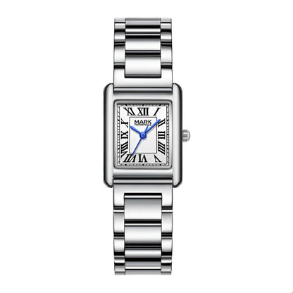 Mark Fairwhale 3680 RECTA women’s rectangular luxury watch with Roman numeral dial and polished stainless bracelet