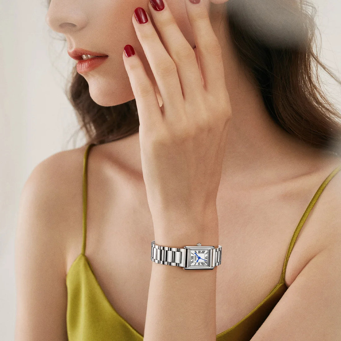 Mark Fairwhale 3680 RECTA women’s rectangular luxury watch with Roman numeral dial and polished stainless bracelet